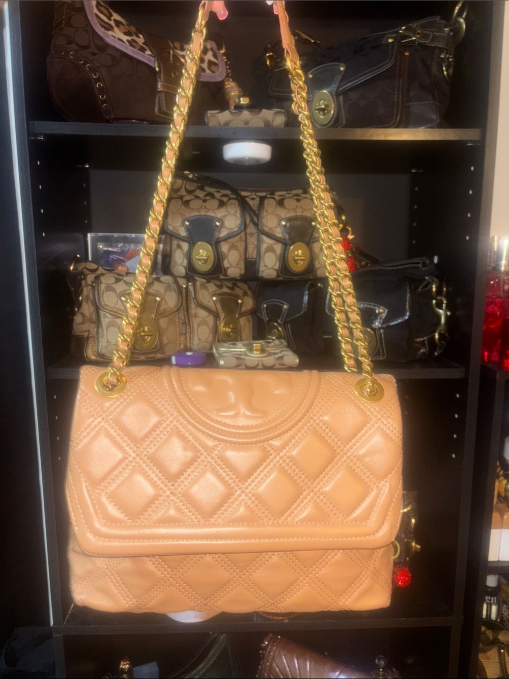 Tory Burch Quilted Leather Shoulder Bag in Tan and Gold